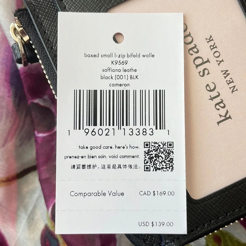 Brand New Kate Spade Genuine Saffiano Leather Black L-Zip Bifold Cameron Wallet